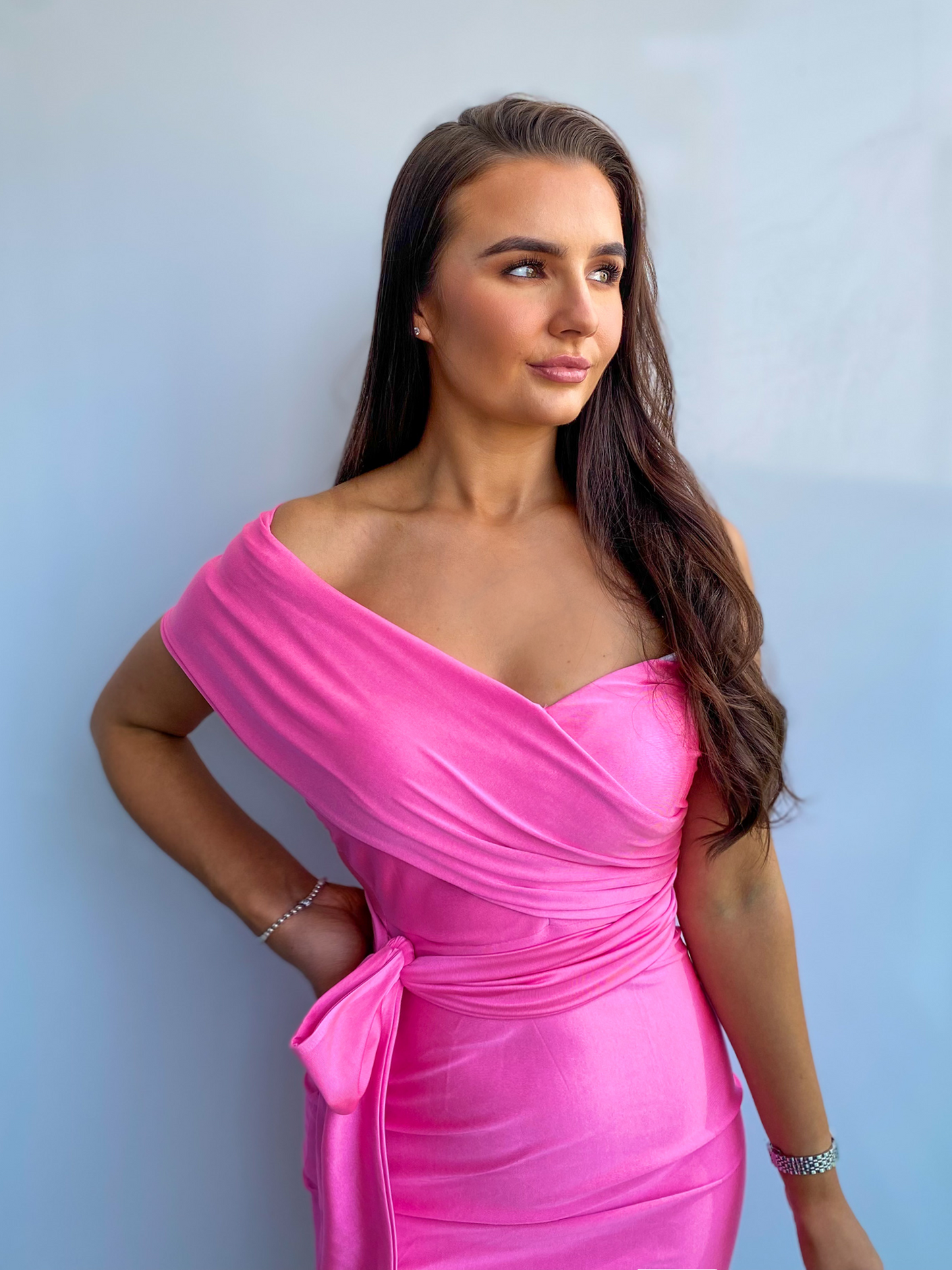 Hot Pink One Shoulder Tie Waist Bodycon Midi Dress