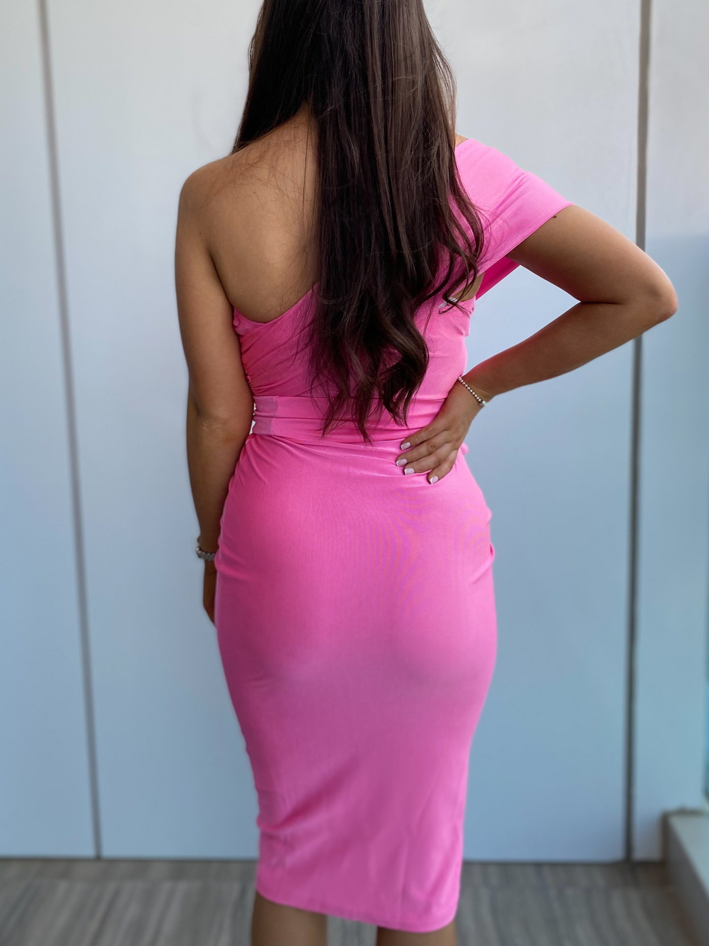 Hot Pink One Shoulder Tie Waist Bodycon Midi Dress