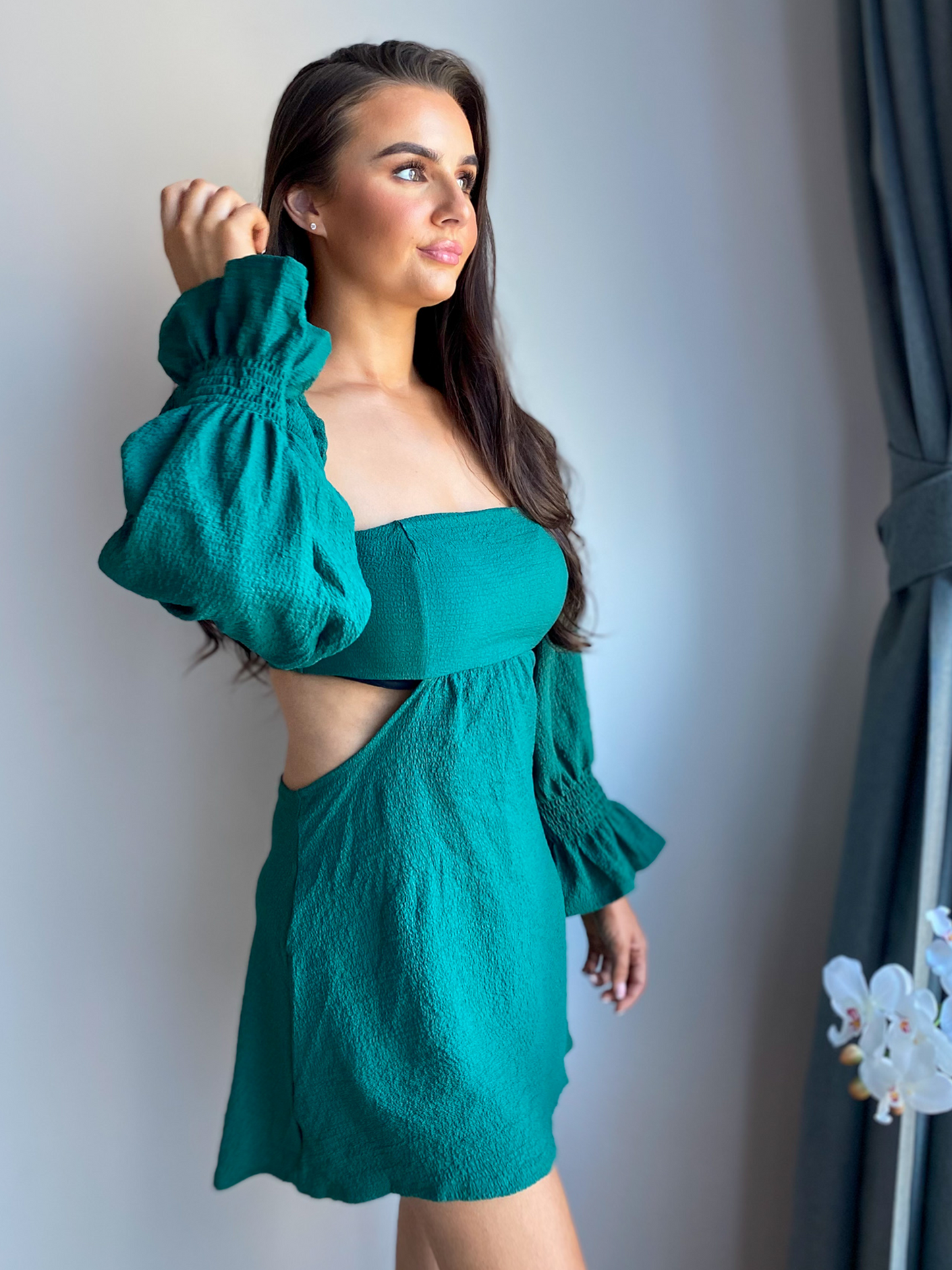 Dark Green Off The Shoulder Puff Sleeve Bandeau Skater Mini Dress