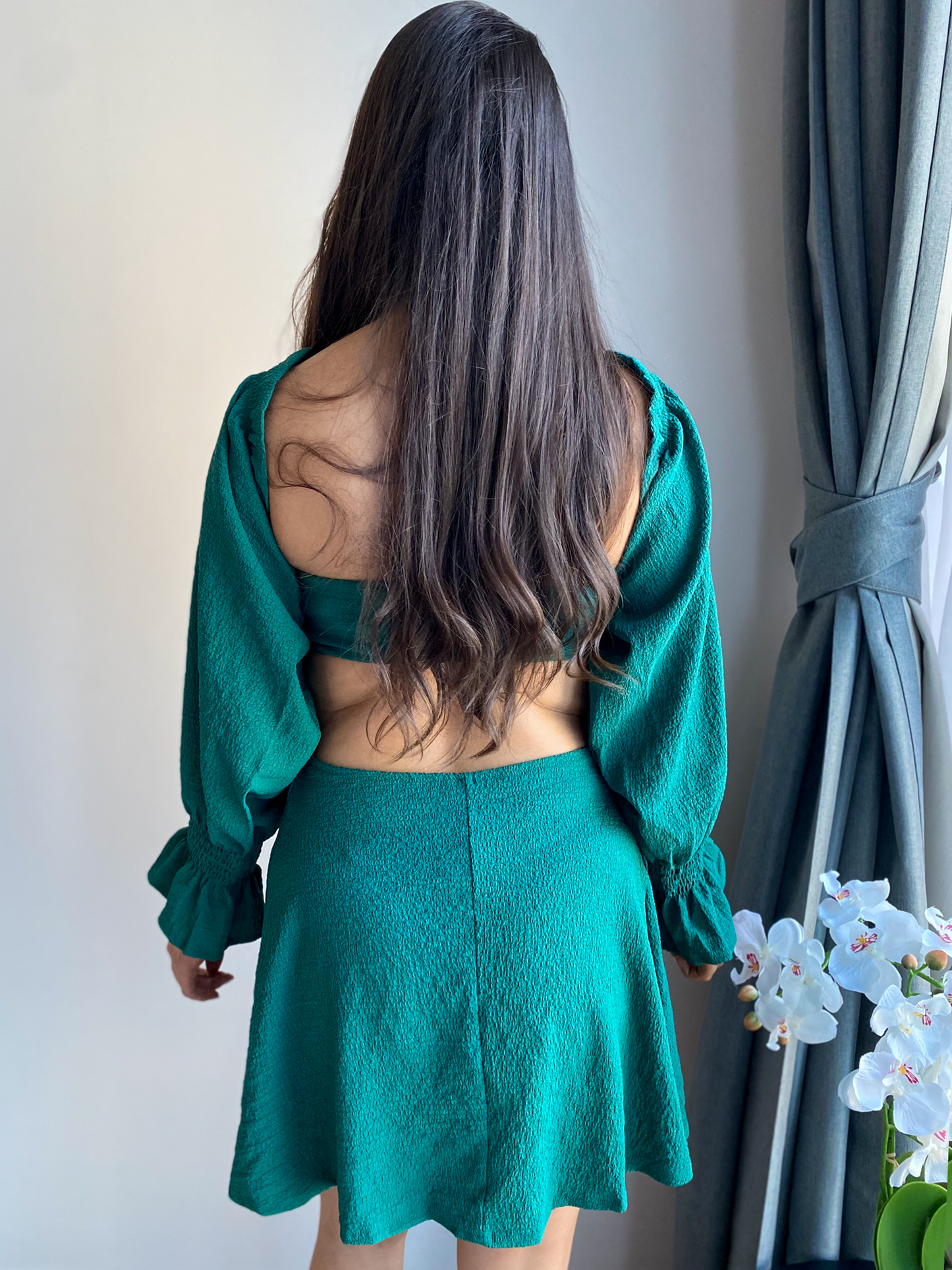 Dark Green Off The Shoulder Puff Sleeve Bandeau Skater Mini Dress