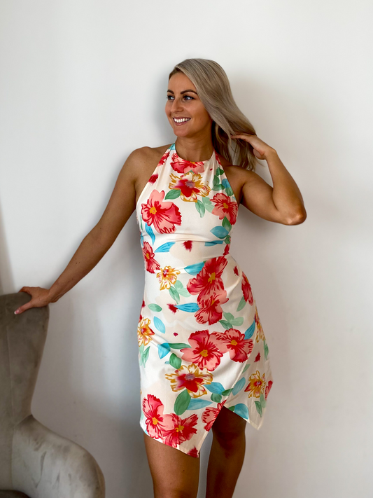 White Floral Asymmetrical Halterneck Mini Dress