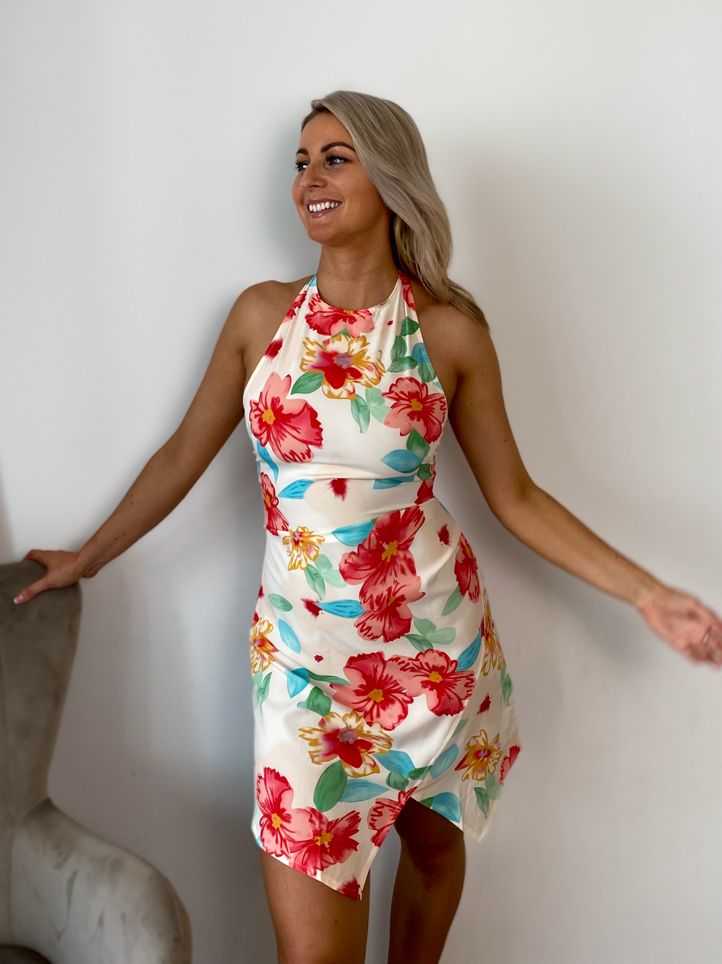 White Floral Asymmetrical Halterneck Mini Dress