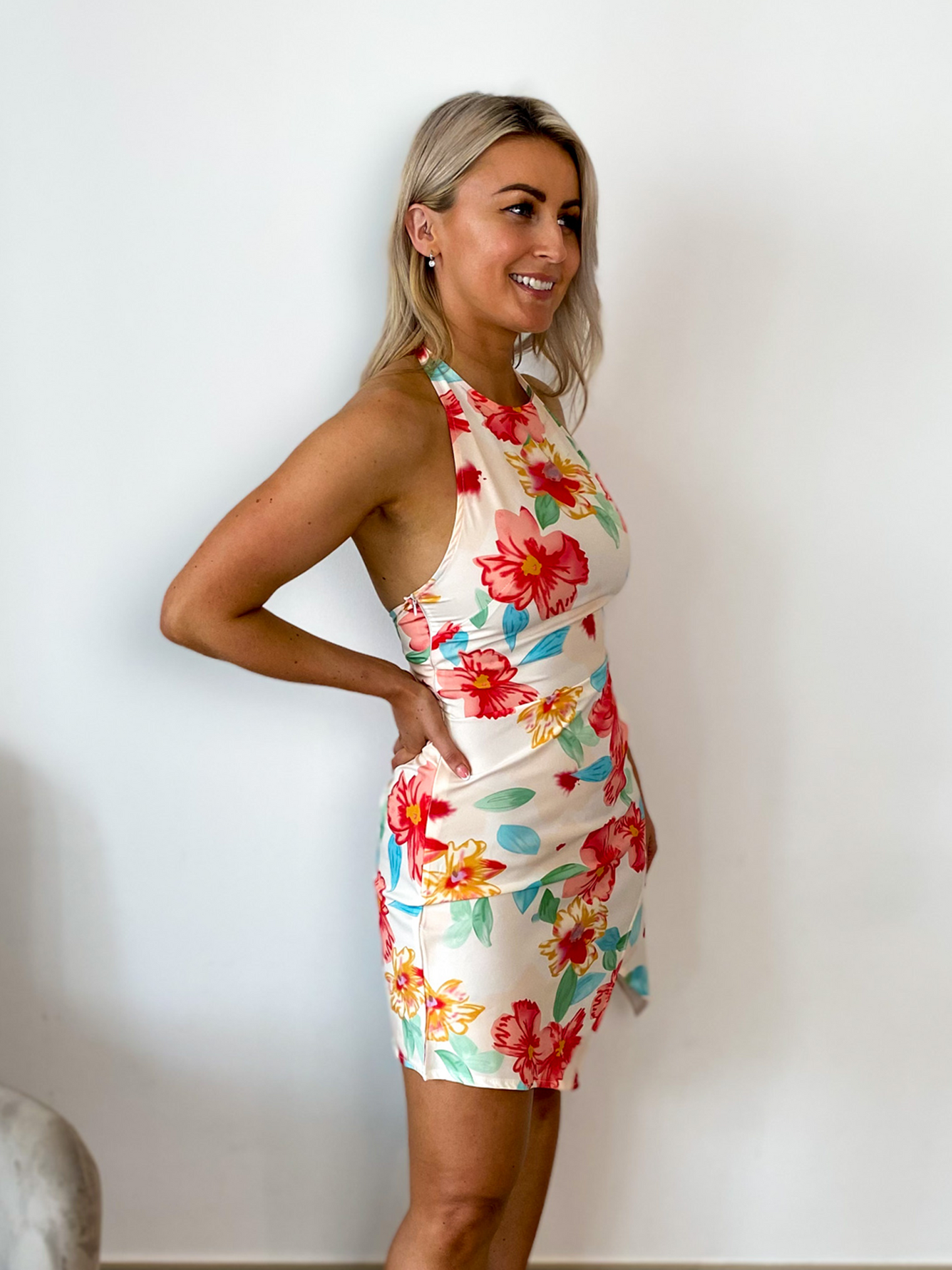 White Floral Asymmetrical Halterneck Mini Dress