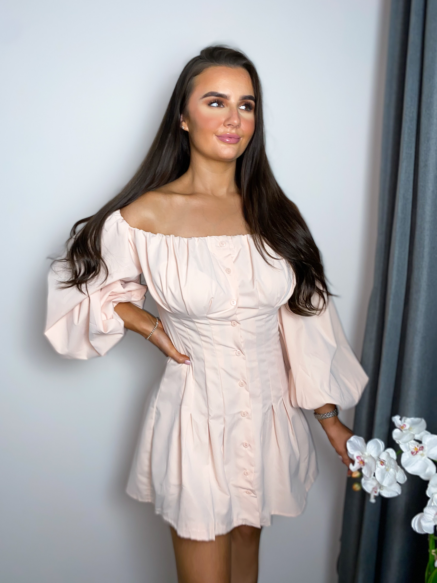 Pastel Pink Off The Shoulder Lantern Sleeve Corset Ruched Skater Mini Dress