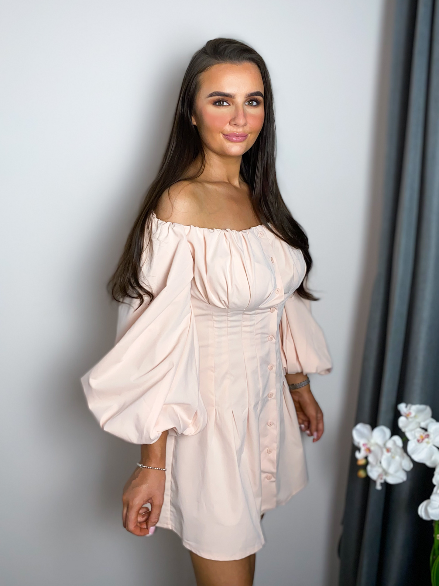 Pastel Pink Off The Shoulder Lantern Sleeve Corset Ruched Skater Mini Dress