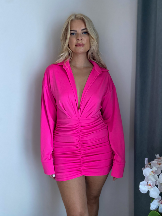 Hot Pink Shirt Top Ruched Skirt Plunge Mini Dress