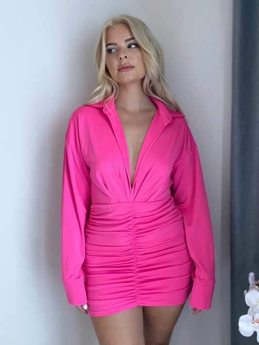 Hot Pink Shirt Top Ruched Skirt Plunge Mini Dress