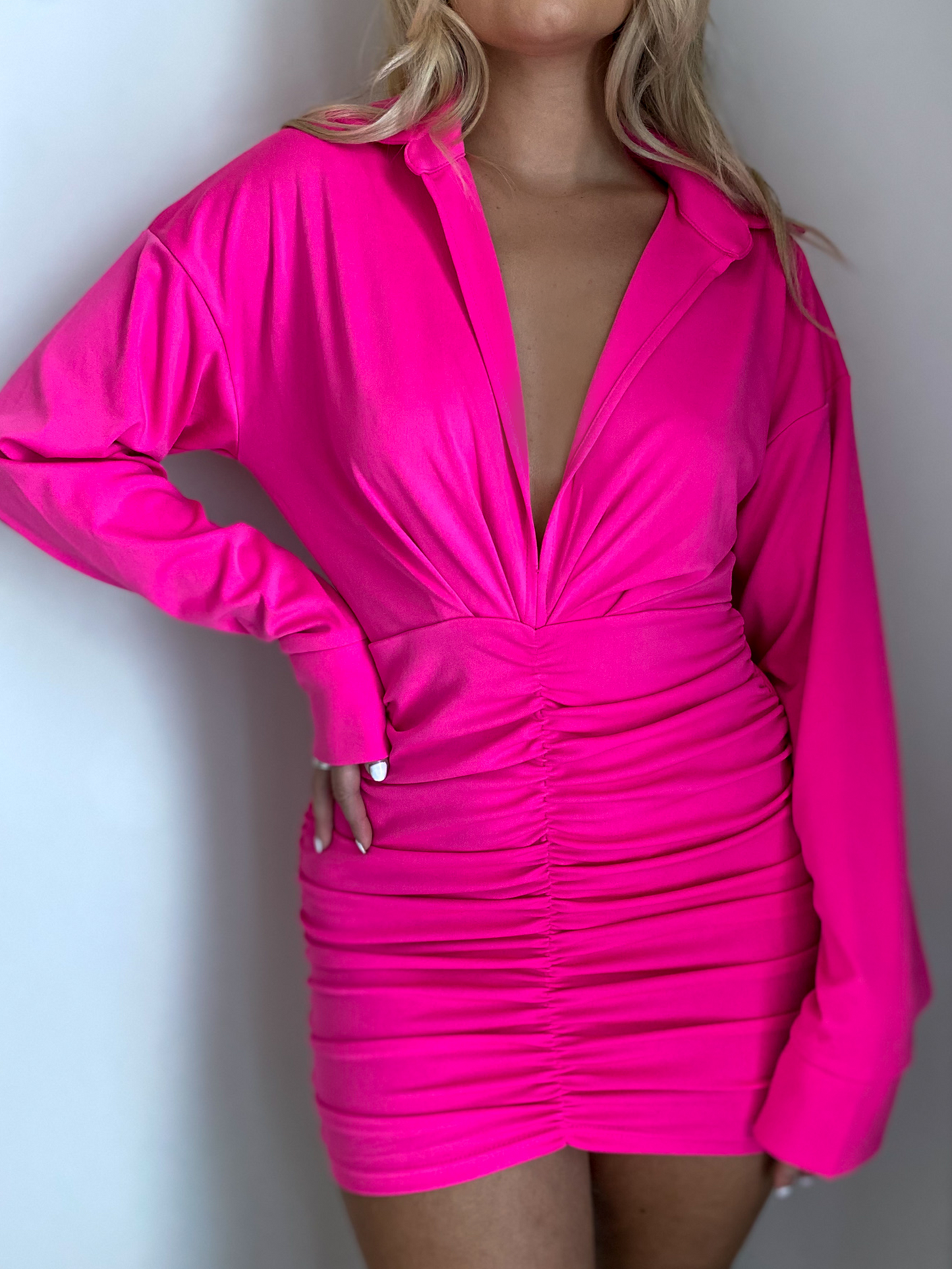 Hot Pink Shirt Top Ruched Skirt Plunge Mini Dress