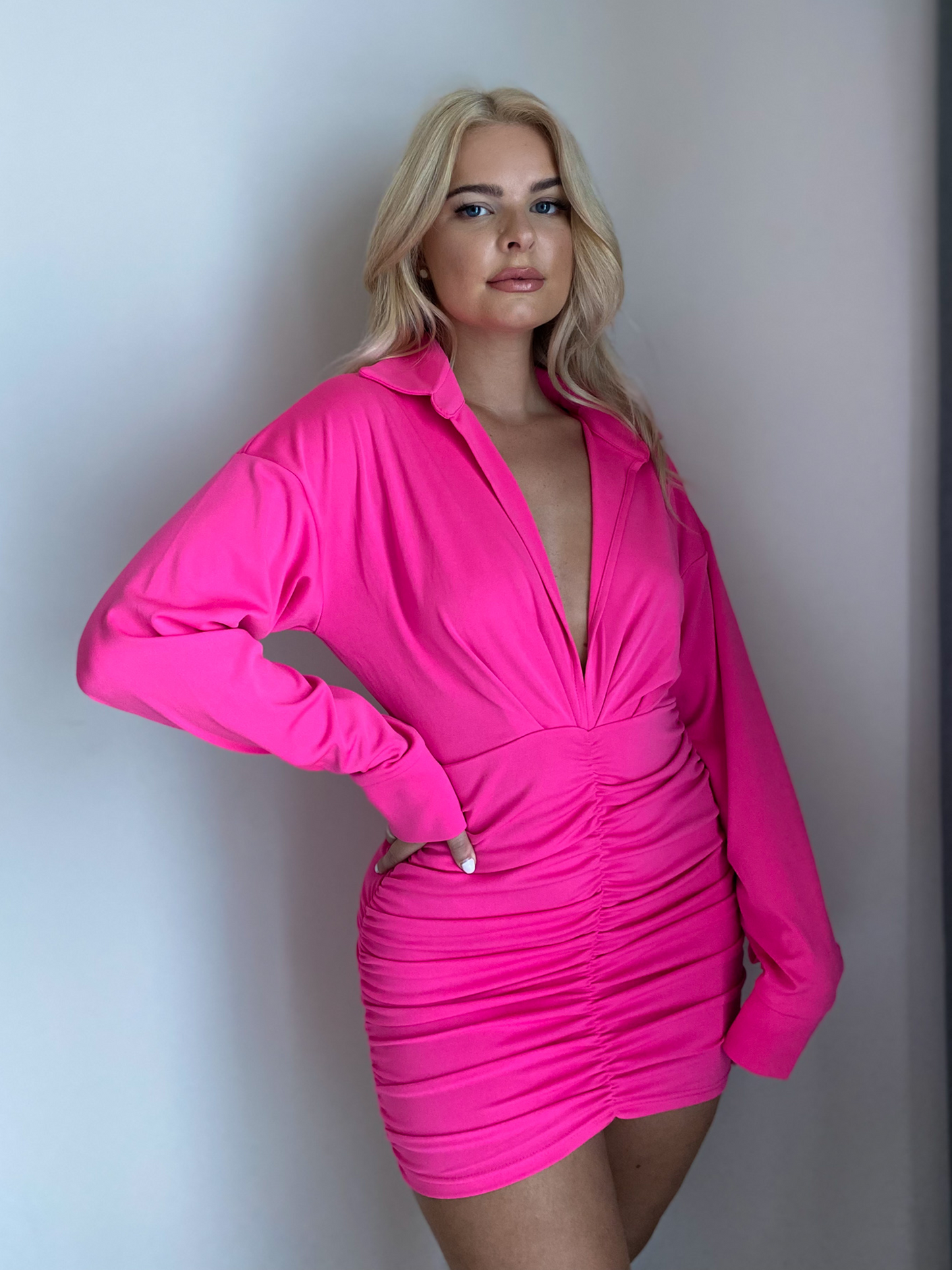 Hot Pink Shirt Top Ruched Skirt Plunge Mini Dress