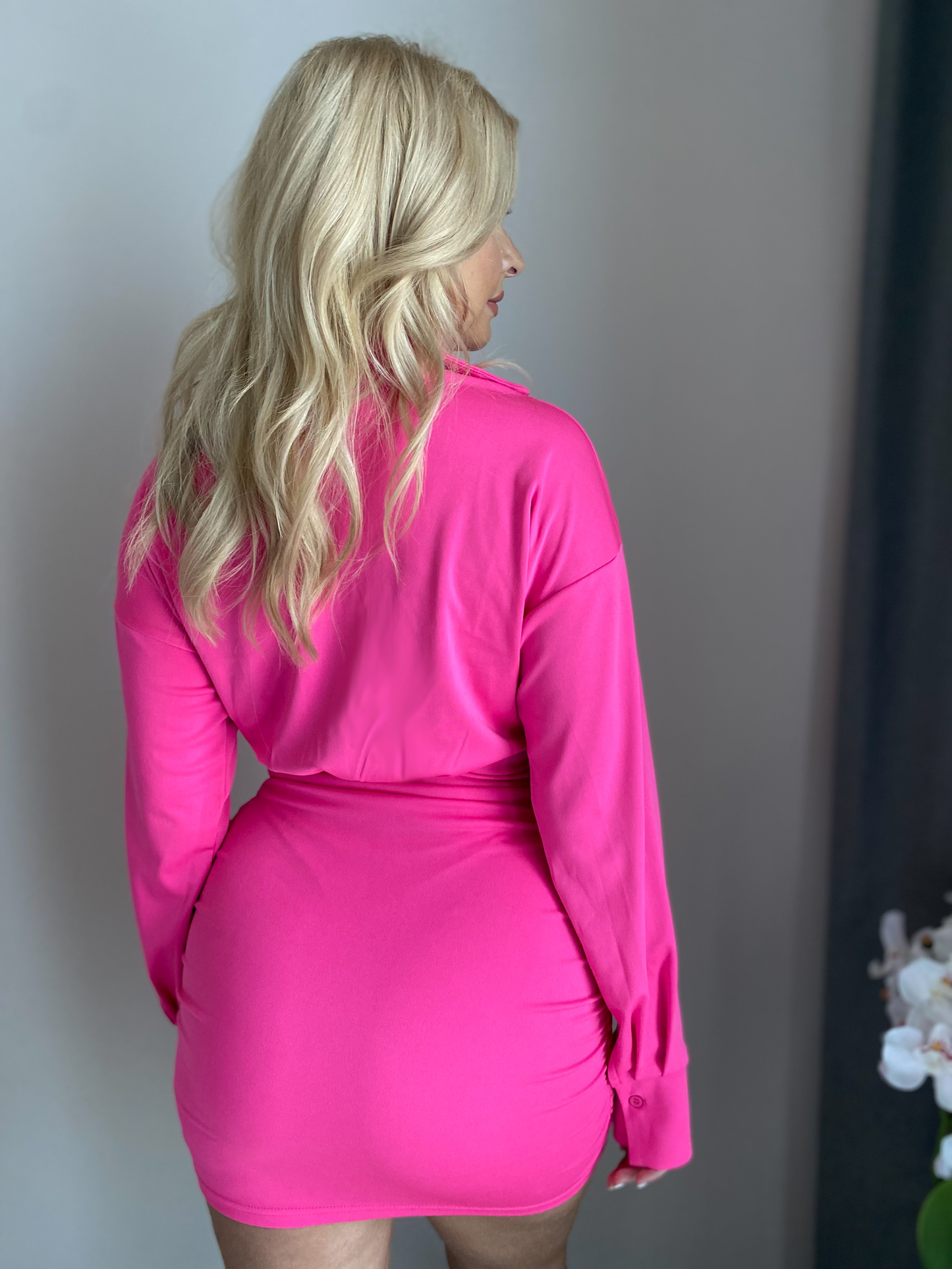 Hot Pink Shirt Top Ruched Skirt Plunge Mini Dress