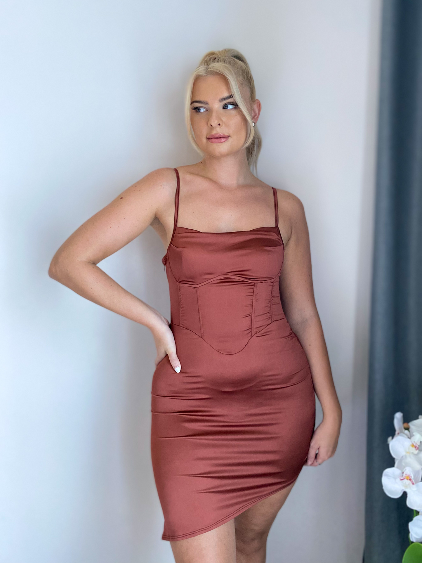 Brown Asymmetrical Satin Midi Dress