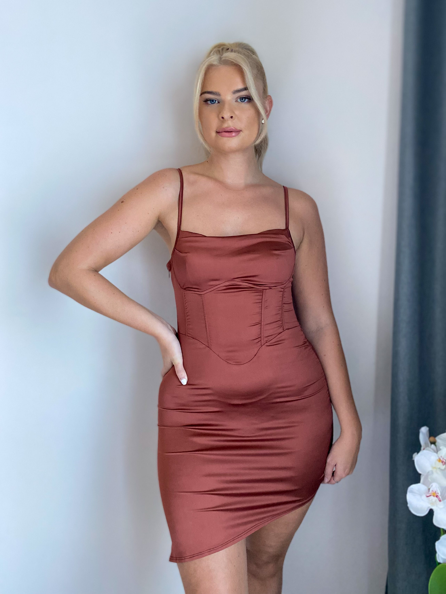 Brown Asymmetrical Satin Midi Dress