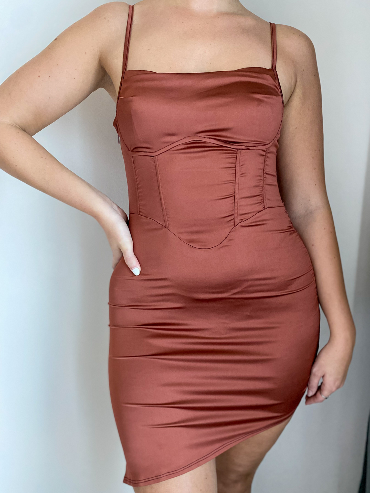 Brown Asymmetrical Satin Midi Dress