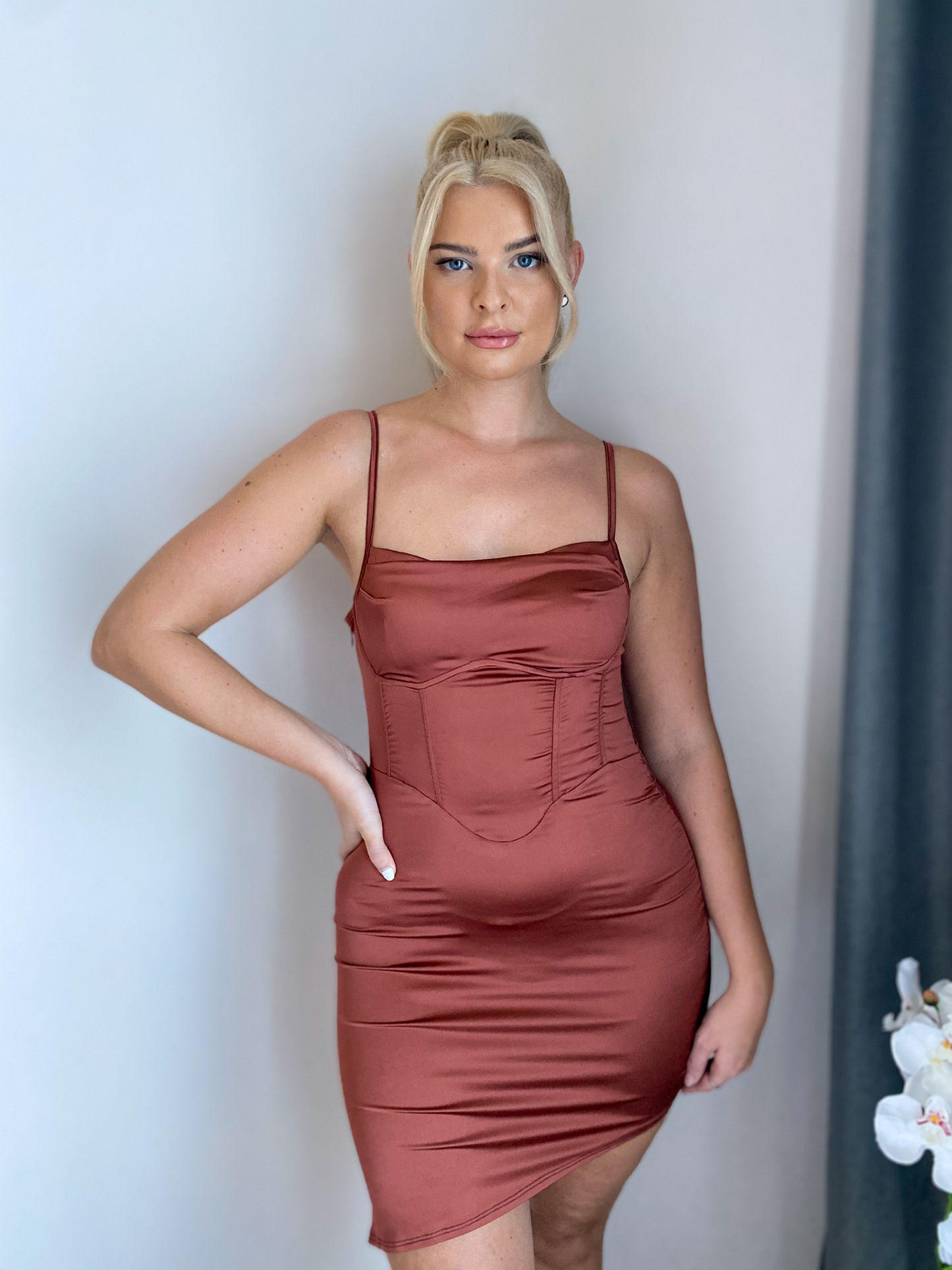 Brown Asymmetrical Satin Midi Dress