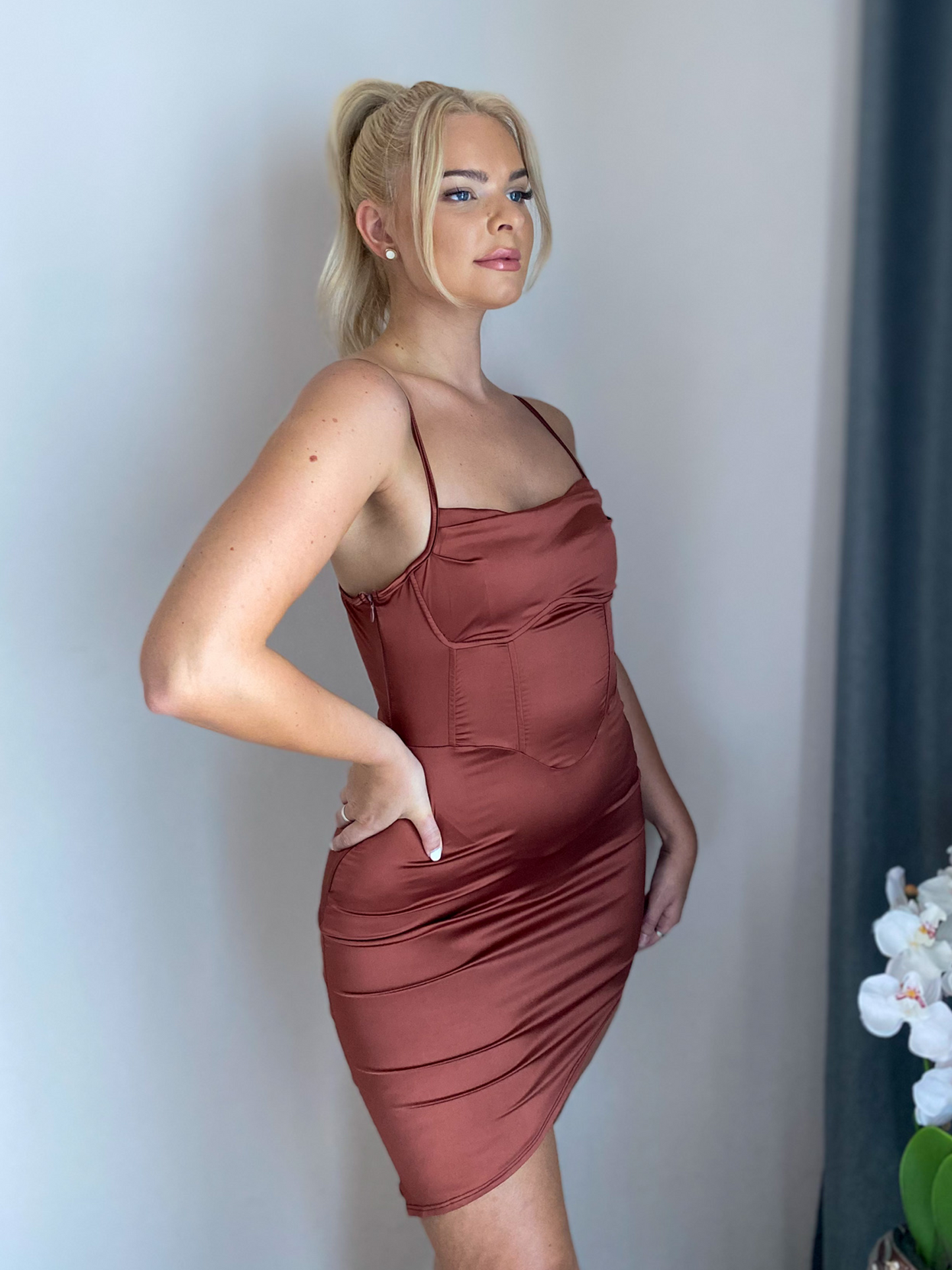 Brown Asymmetrical Satin Midi Dress