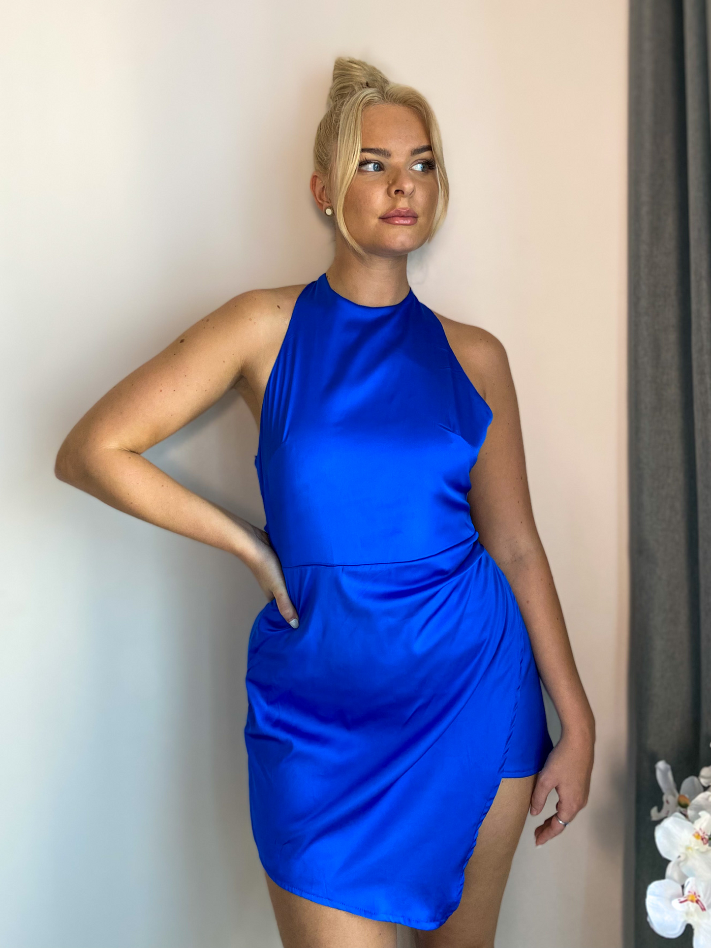 Royal Blue Satin Draped Asymmetrical Tie Neck Mini Dress