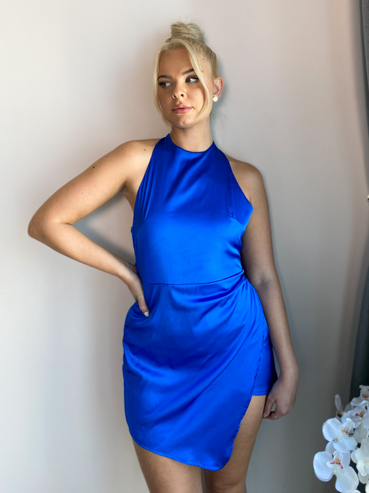 Royal Blue Satin Draped Asymmetrical Tie Neck Mini Dress