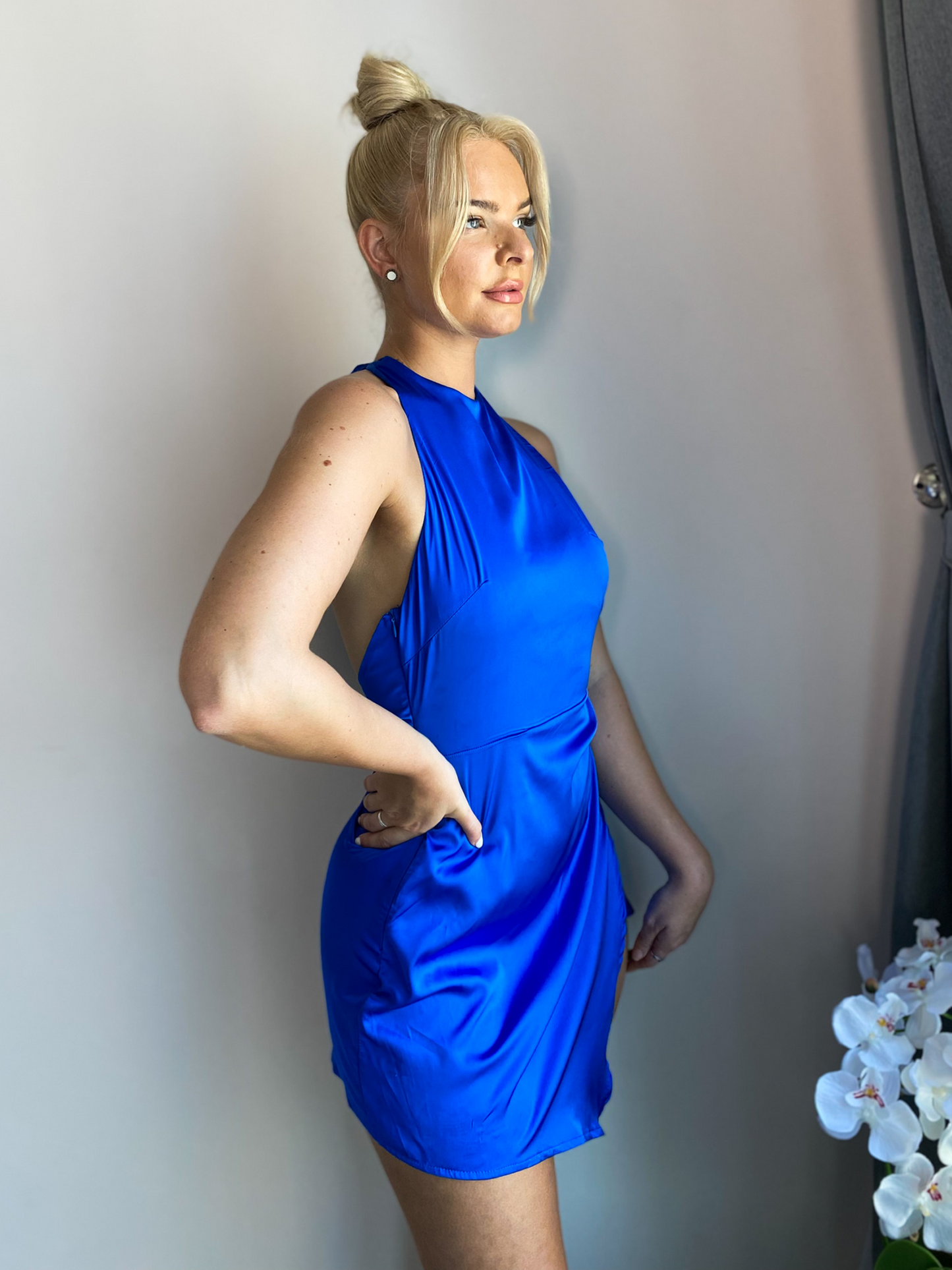 Royal Blue Satin Draped Asymmetrical Tie Neck Mini Dress