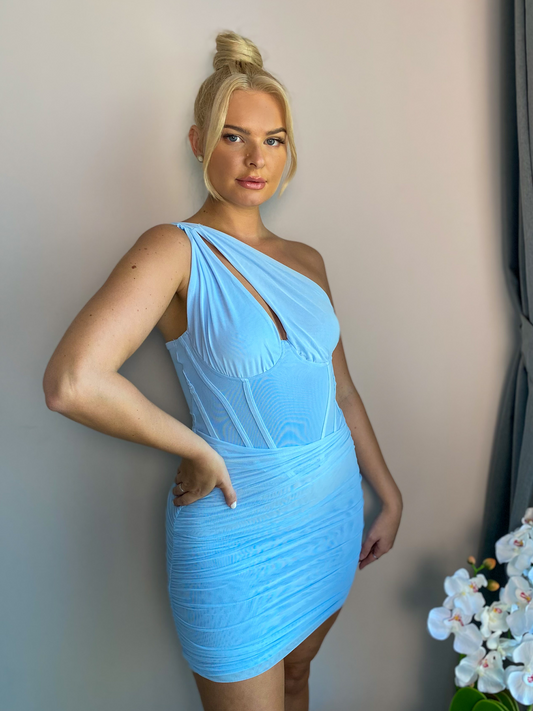 Baby Blue One Shoulder Corset Double Layered Mesh Mini Dress