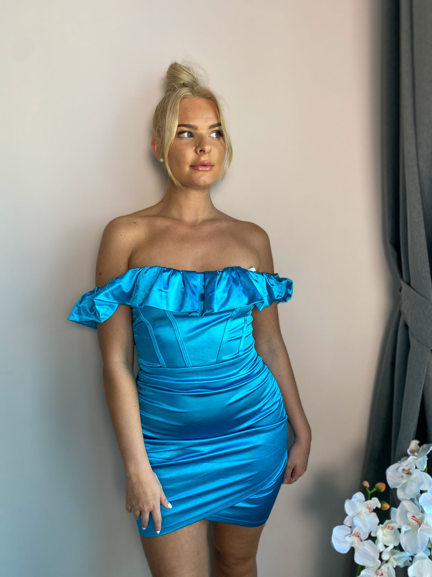 Turquoise Blue Thick Satin Off Shoulder Ruffle Mini Dress