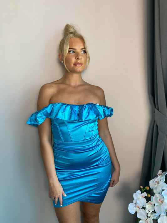 Turquoise Blue Thick Satin Off Shoulder Ruffle Mini Dress