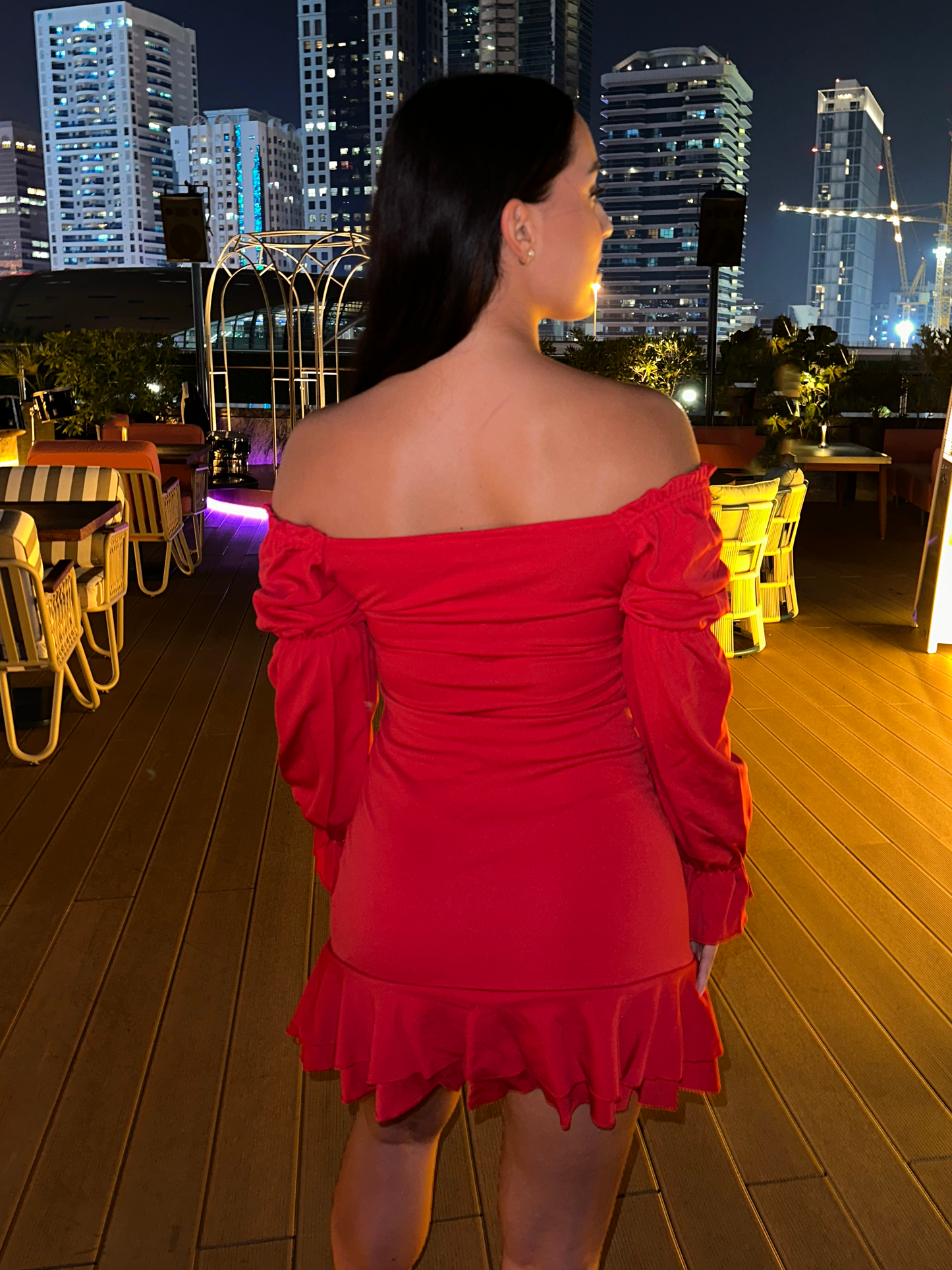 Red Long Sleeve Ruffle Front Off the Shoulder Mini Dress