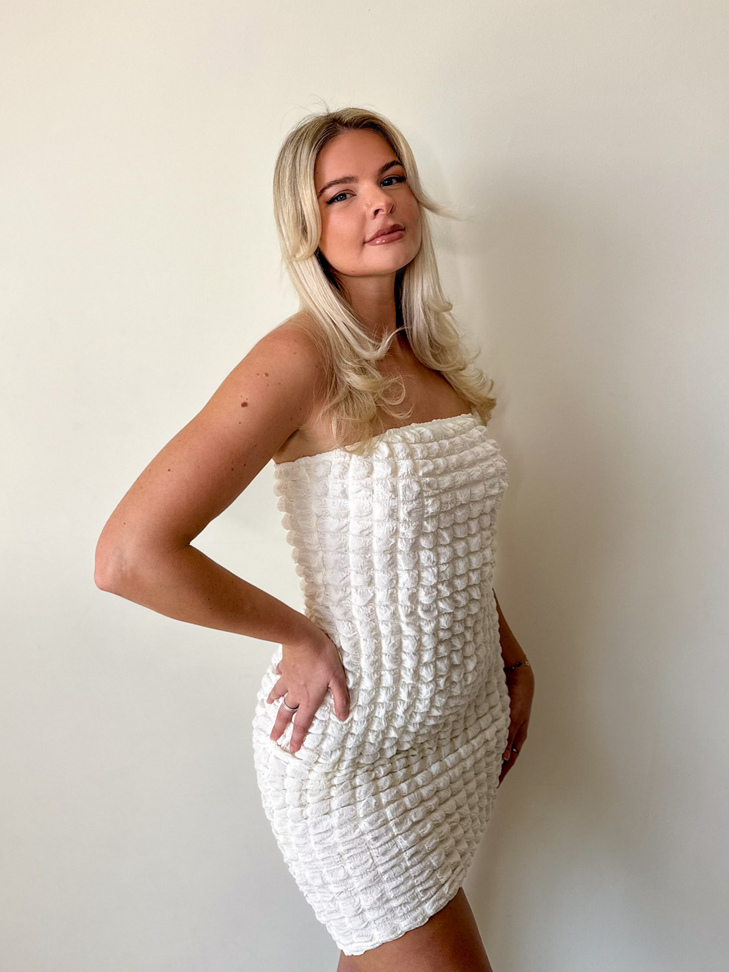 Cream Textured Bandeau Mini Dress