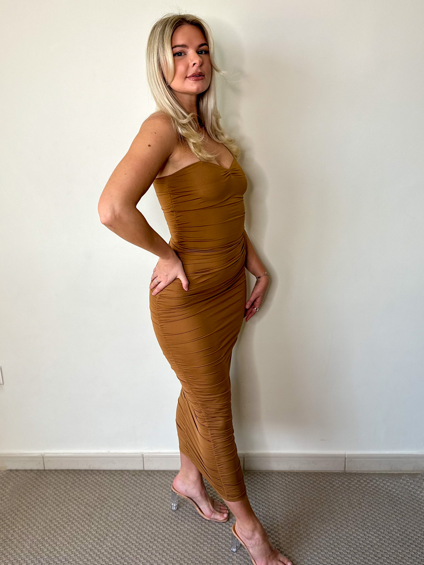 Brown Ruched Bodycon Maxi Dress