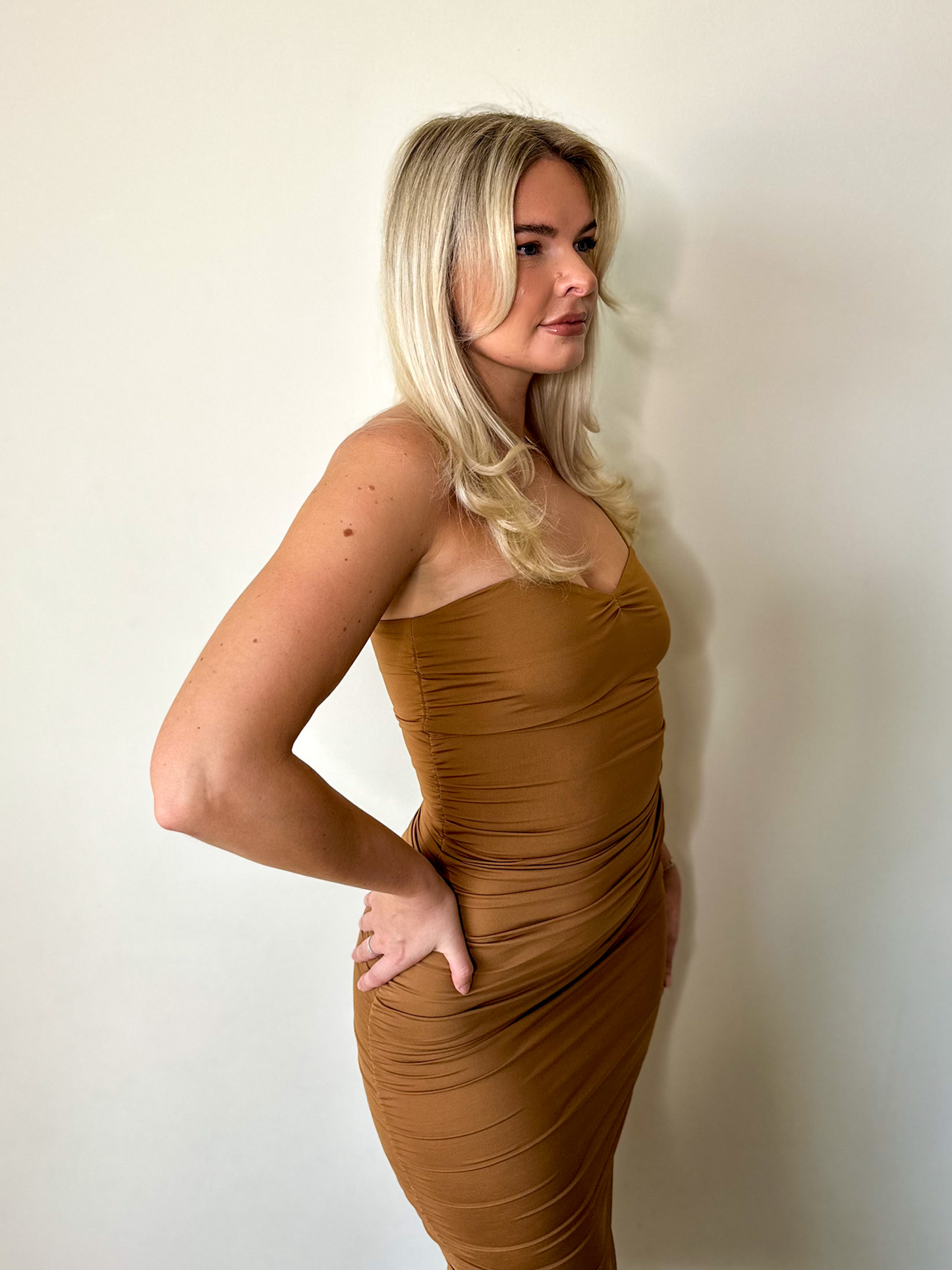 Brown Ruched Bodycon Maxi Dress