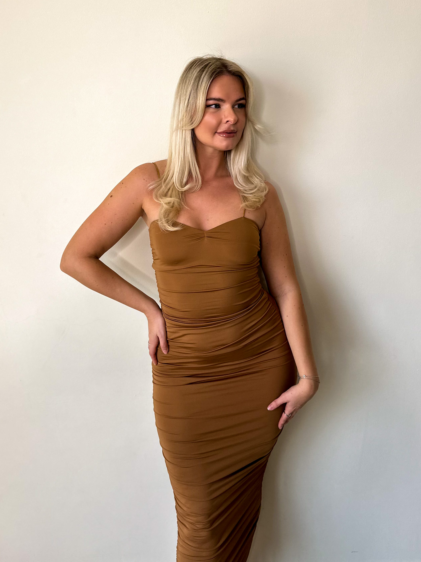 Brown Ruched Bodycon Maxi Dress