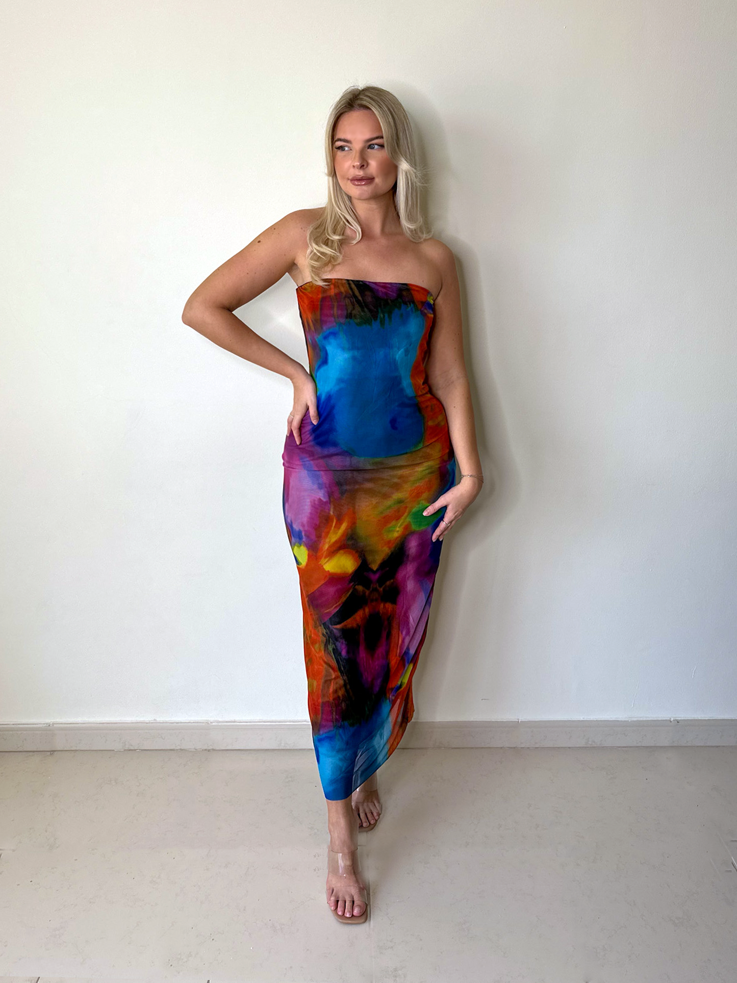 Multicolor Abstract Print Double Layered Bandeau Maxi Dress