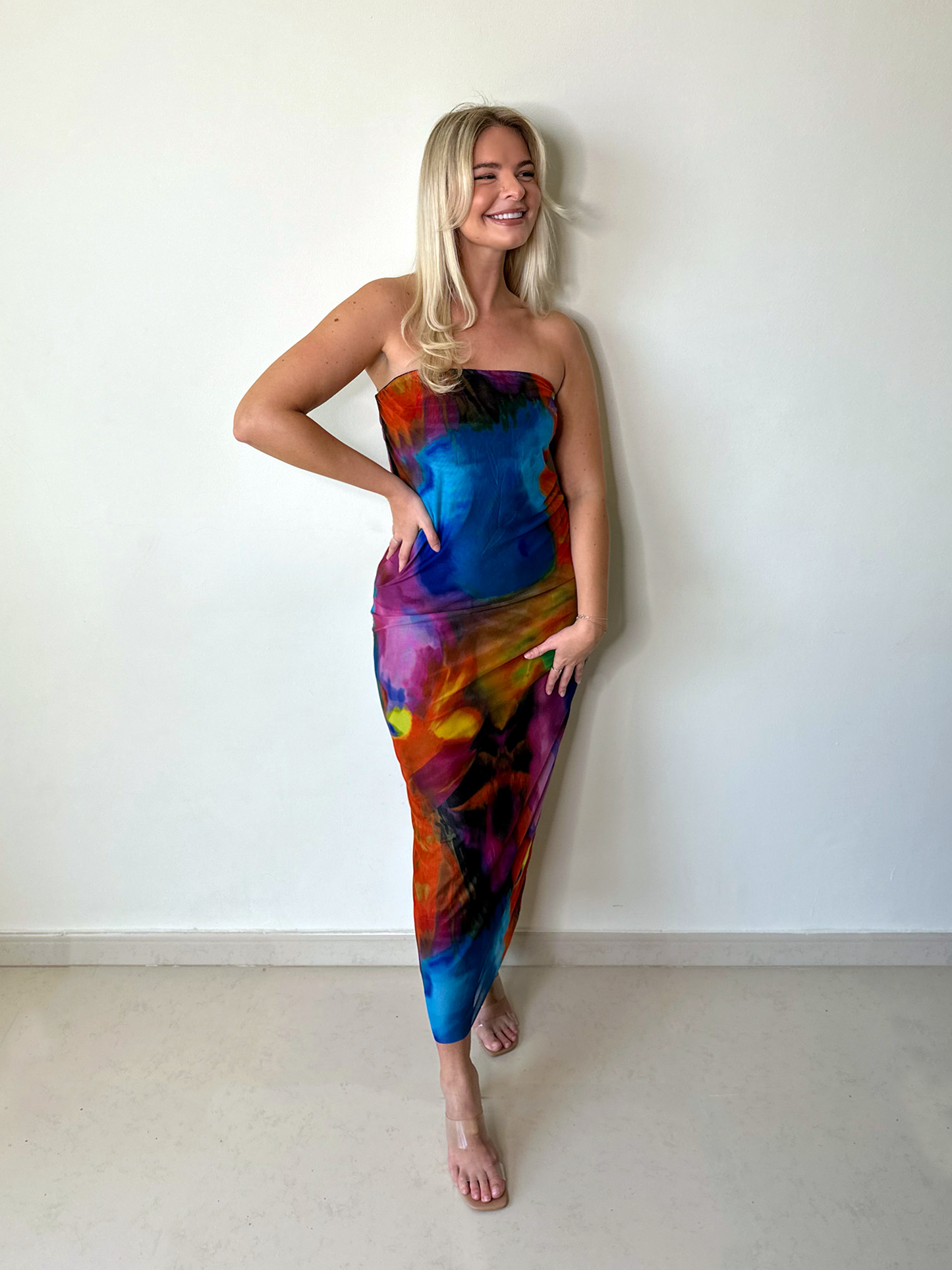 Multicolor Abstract Print Double Layered Bandeau Maxi Dress