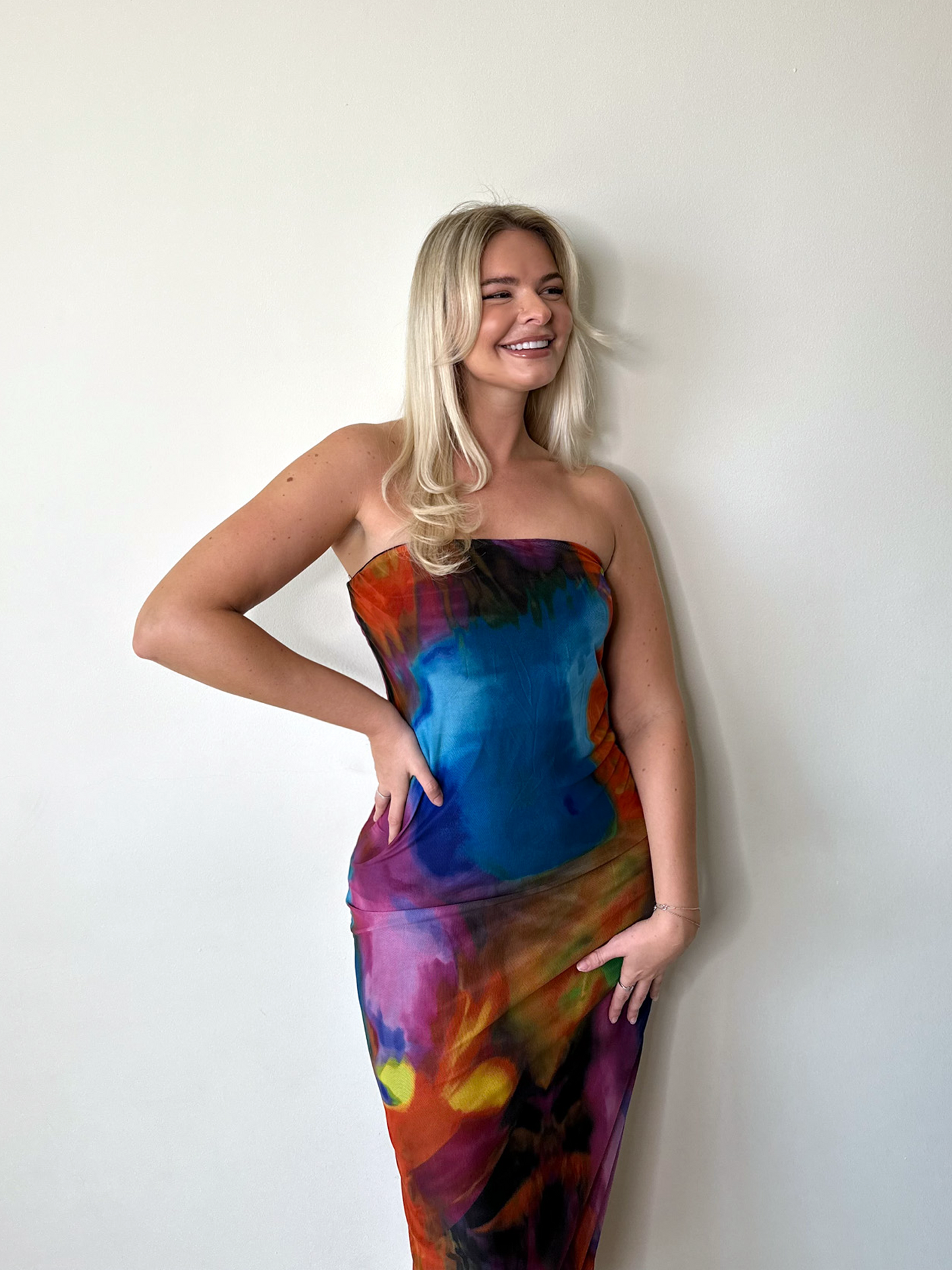 Multicolor Abstract Print Double Layered Bandeau Maxi Dress