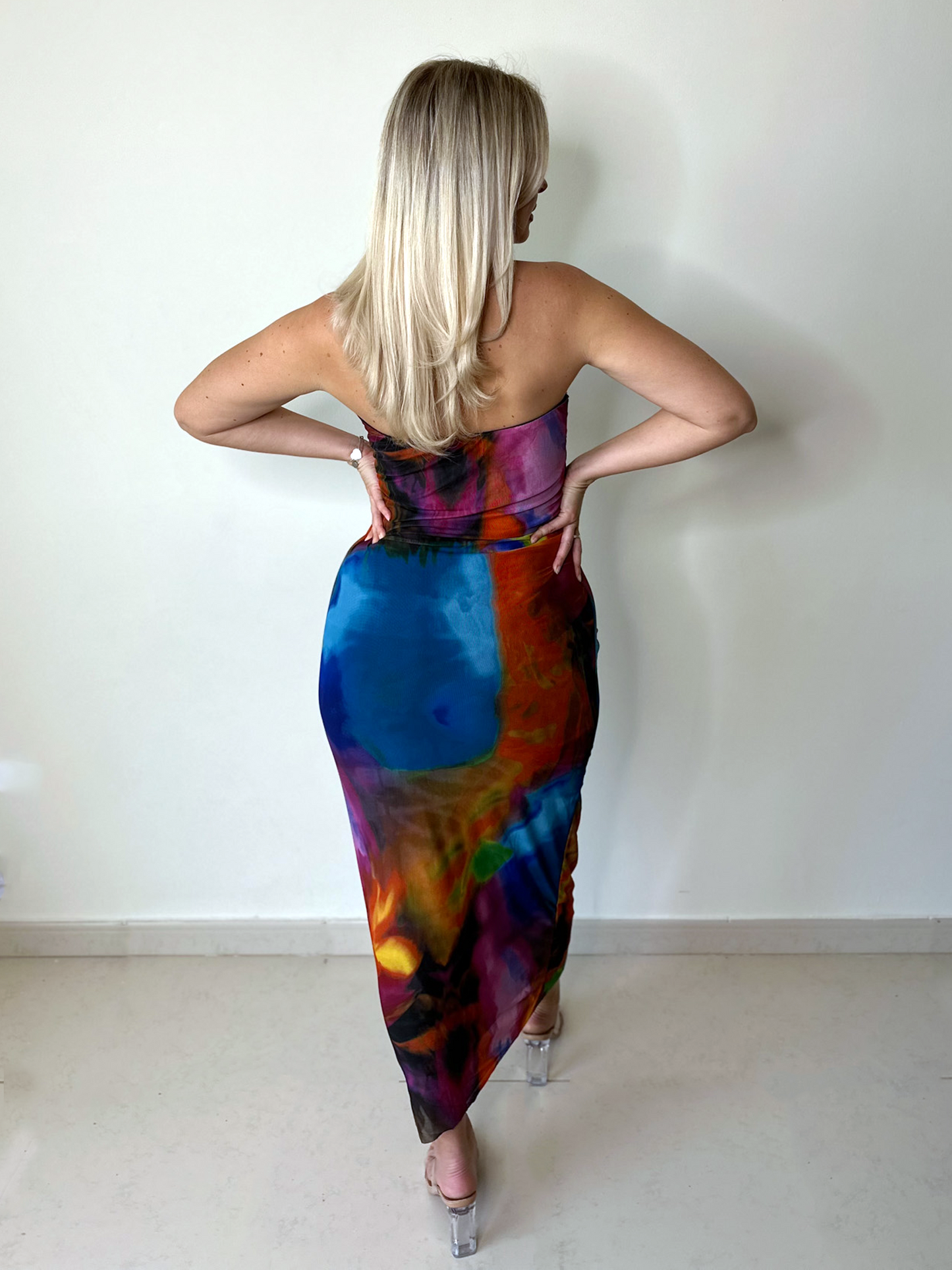 Multicolor Abstract Print Double Layered Bandeau Maxi Dress