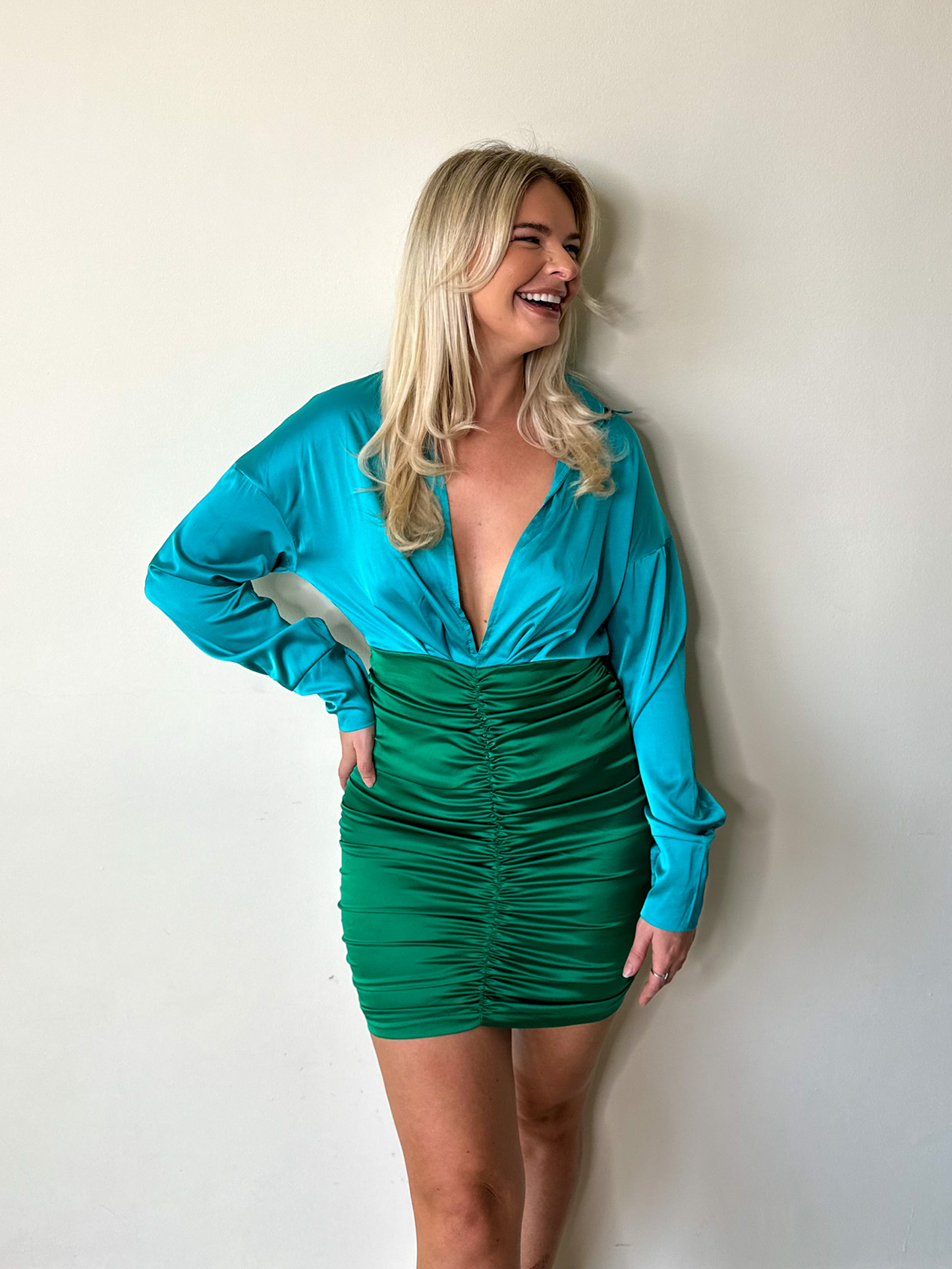 Blue & Green Contrast Long Sleeve Satin Ruched Mini Dress