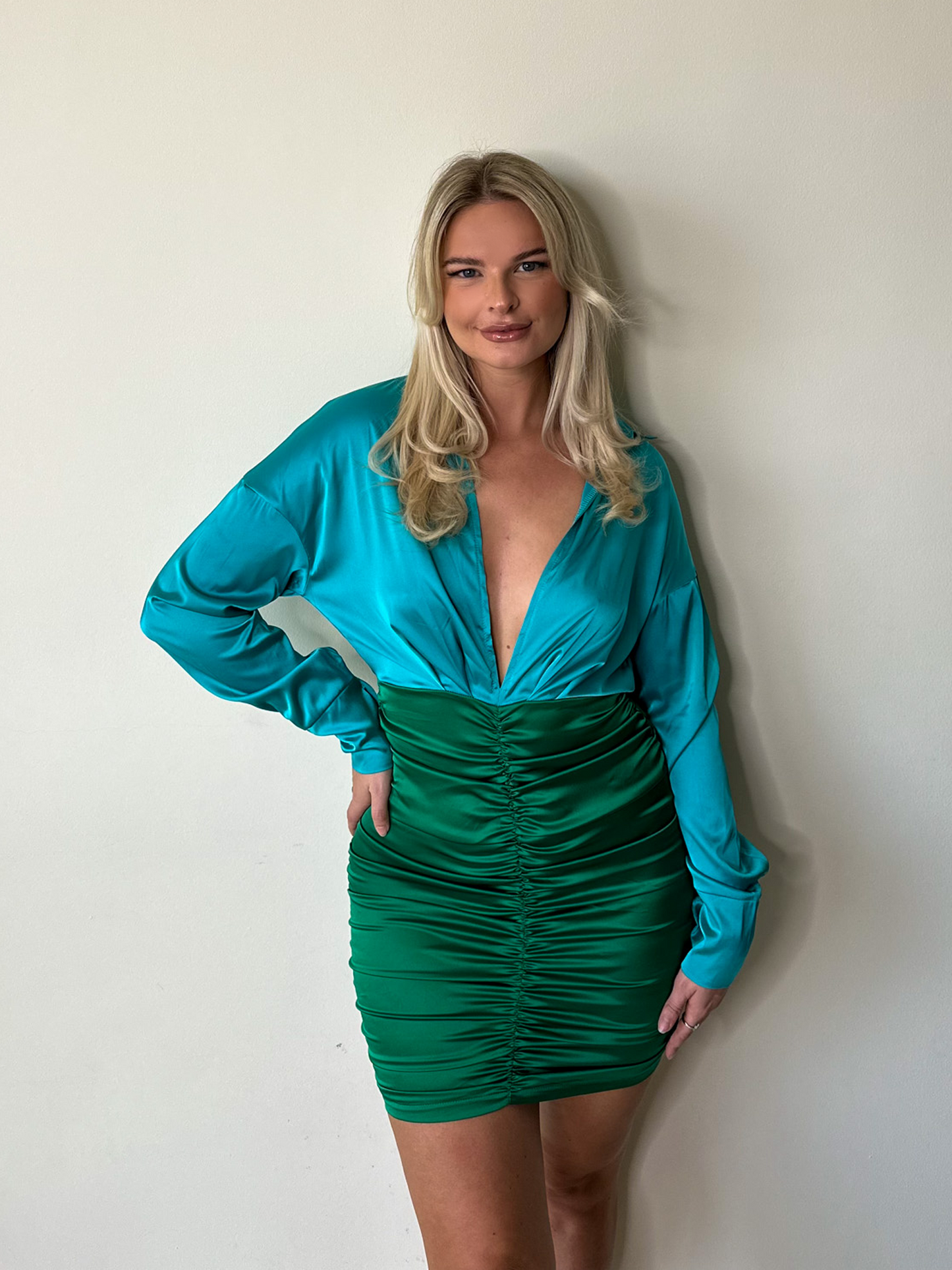 Blue & Green Contrast Long Sleeve Satin Ruched Mini Dress