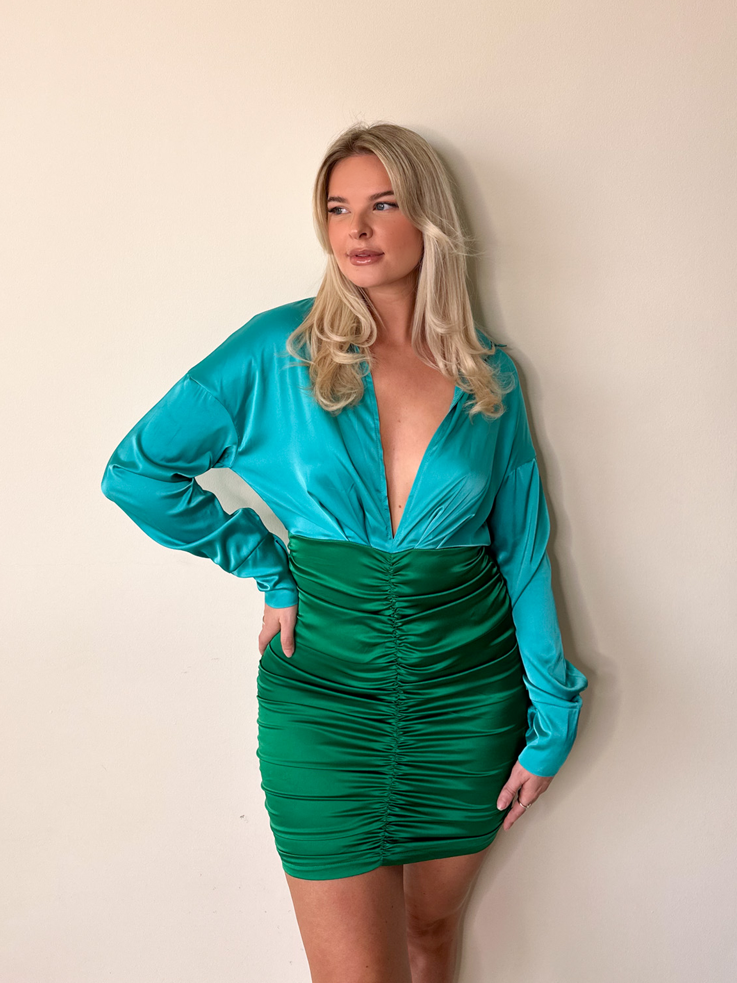 Blue & Green Contrast Long Sleeve Satin Ruched Mini Dress