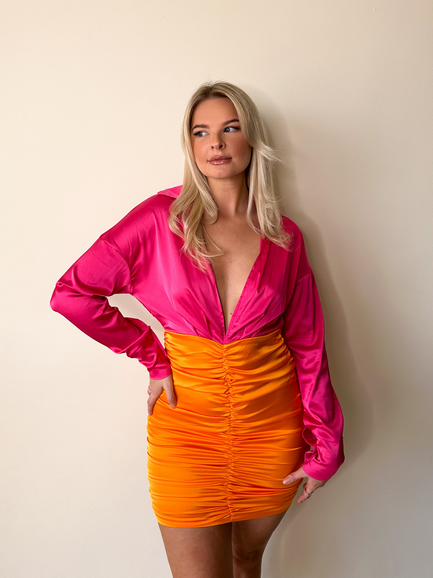 Hot Pink & Orange Contrast Long Sleeve Satin Ruched Mini Dress