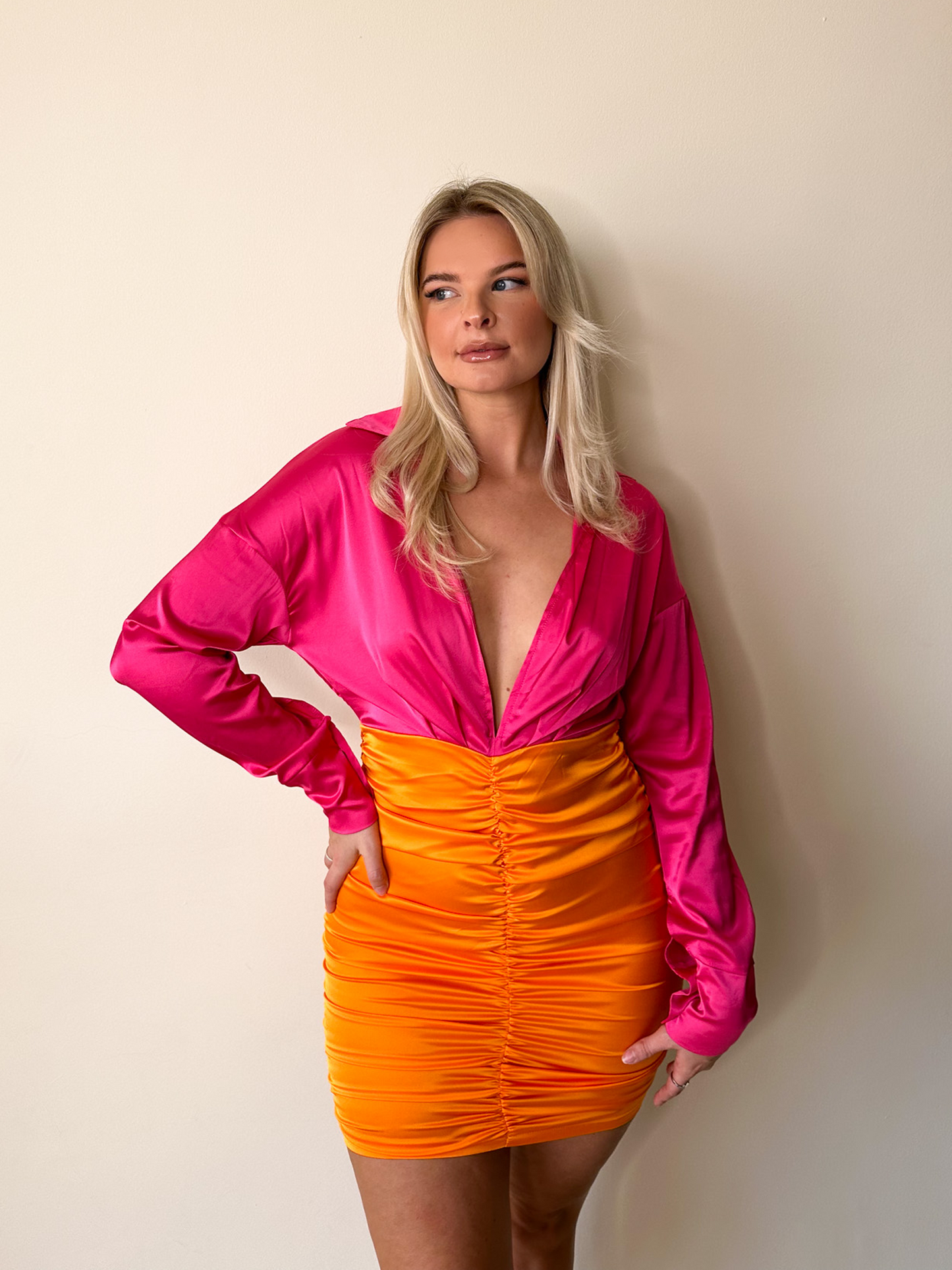 Orange satin top mini dress