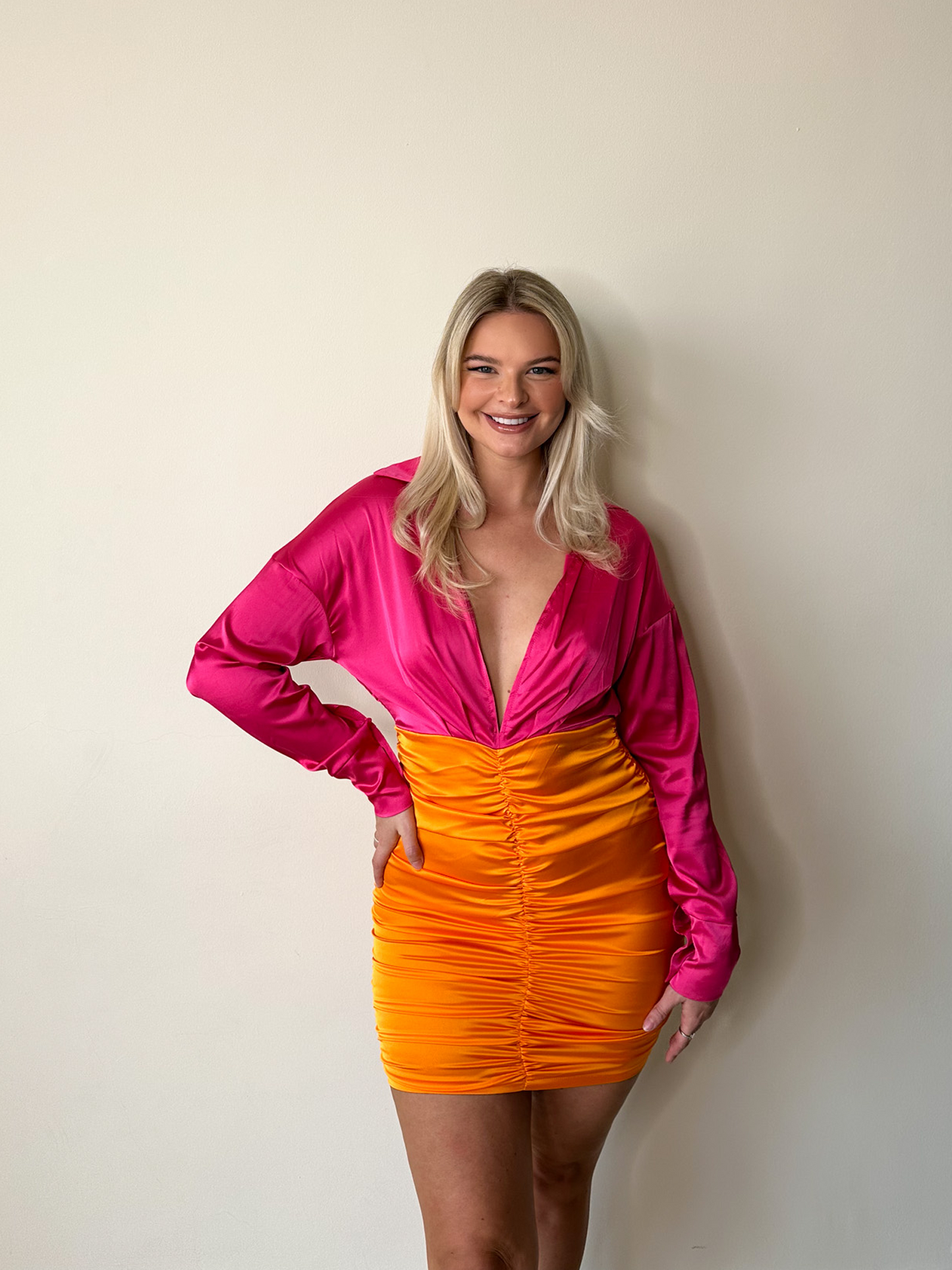 Hot Pink & Orange Contrast Long Sleeve Satin Ruched Mini Dress