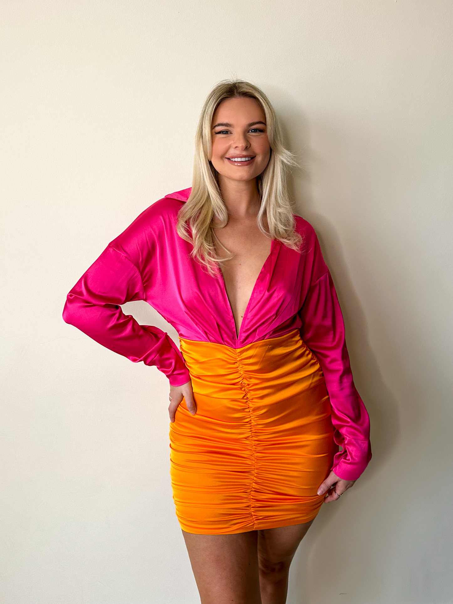 Hot Pink & Orange Contrast Long Sleeve Satin Ruched Mini Dress