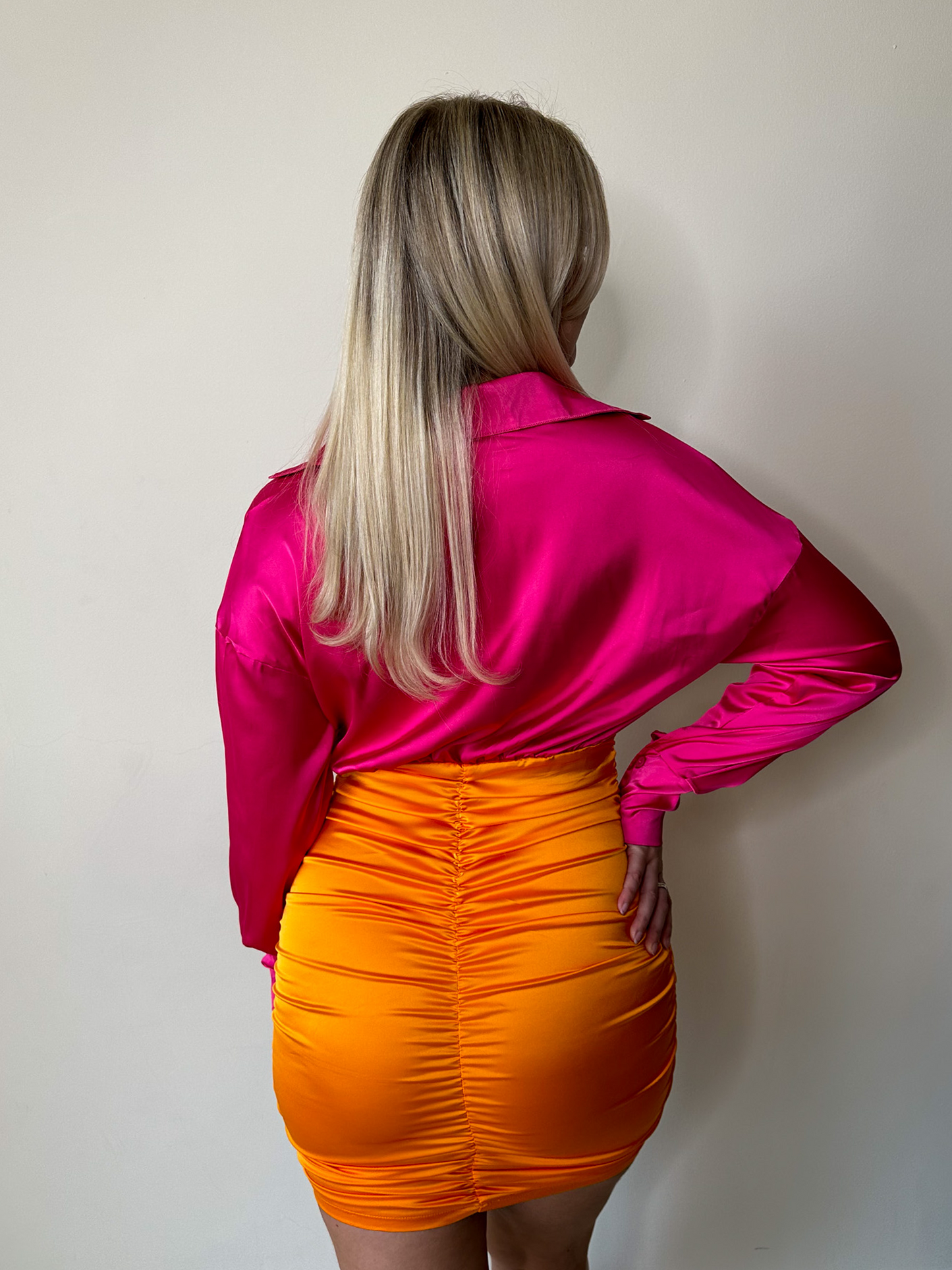 Hot Pink & Orange Contrast Long Sleeve Satin Ruched Mini Dress