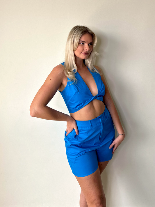 Cobalt Blue Twist Crop Top & Shorts Coord