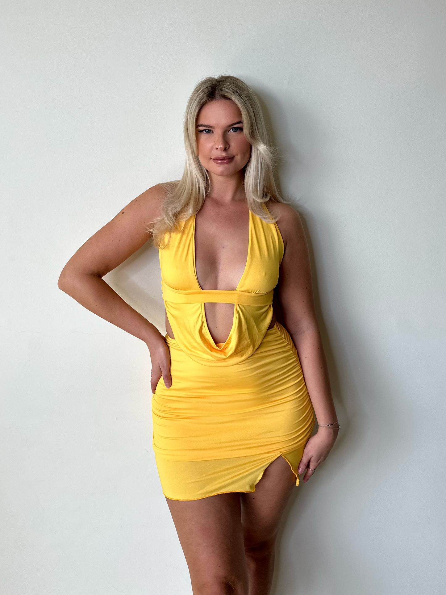 Yellow drape Crop Top & Ruched Mini Skirt Coord