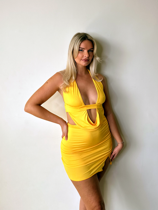 Yellow drape Crop Top & Ruched Mini Skirt Coord