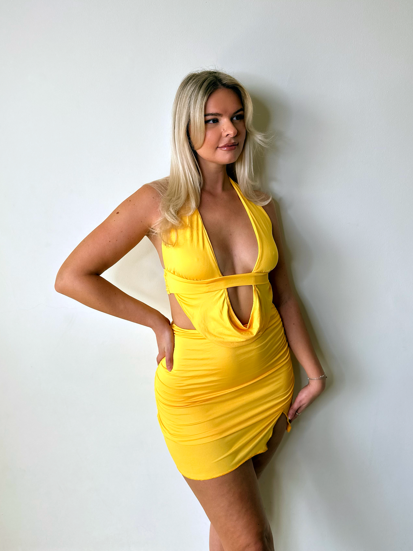 Yellow drape Crop Top & Ruched Mini Skirt Coord