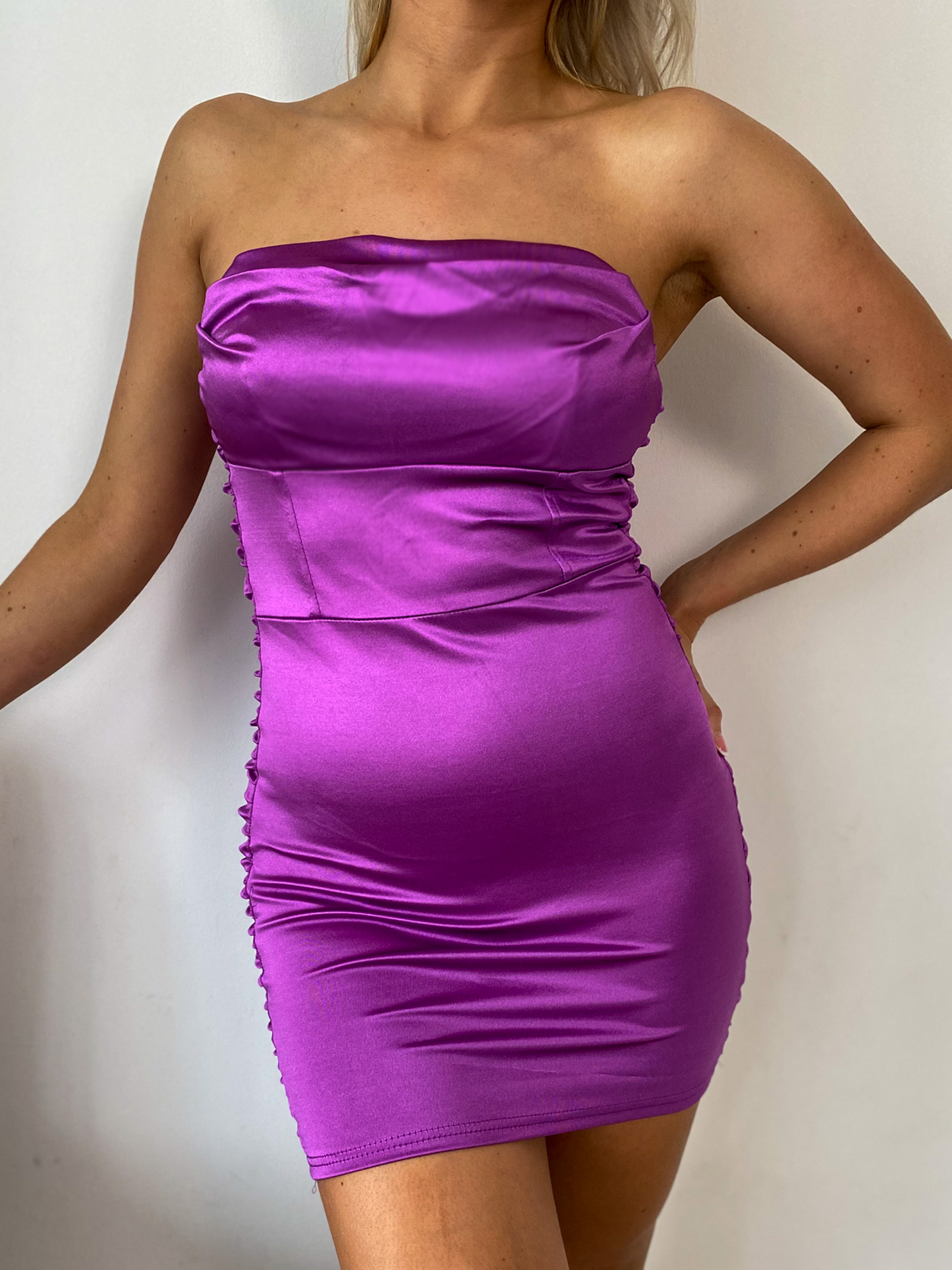 Purple Bodycon Bandeau Satin Mini Dress