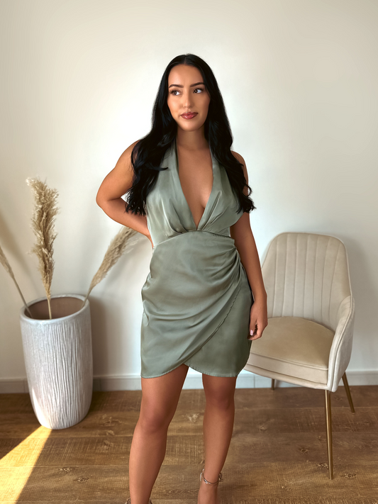 Olive Green Halter-Neck Wrap Front Thick Satin Mini Dress